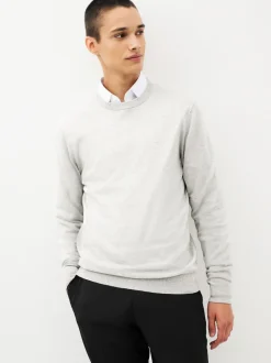 Gris - Pull Col rond en pur Coton Coupe classique