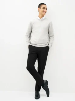 Gris - Pull Col rond en pur Coton Coupe classique