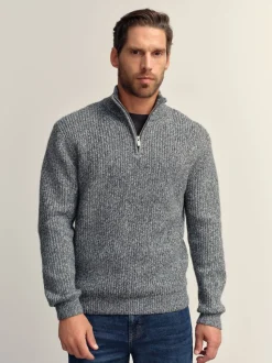 Gris - Pull Coupe classique texturé en maille à col zippé avec laine