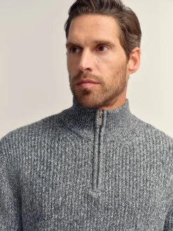 Gris - Pull Coupe classique texturé en maille à col zippé avec laine