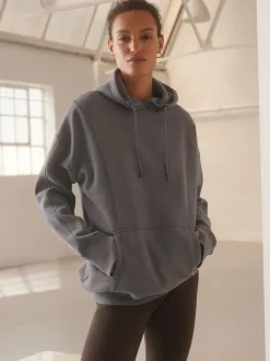 Gris - Sweat-shirt à capuche long actif à coutures apparentes ultra-doux avec poches