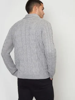 Gris - Threadbare Cable Knit Shawl Collar Cardigan With Wool