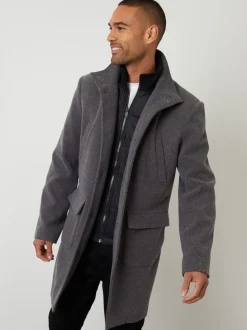Gris - Threadbare Manteau utilitaire long en fausse laine à couche fantaisie