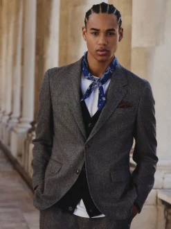 Gris - Veste de costume à coupe ajustée en laine mélangée à rayures à chevrons