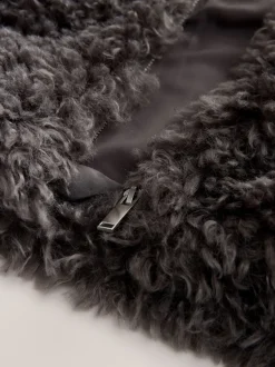 Gris - Veste zippée à col cheminée en fausse fourrure