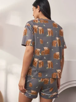 Gris anthracite Hamish the Highland Cow - Pyjamas ensemble shorts en 100 % coton