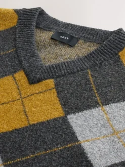 Gris anthracite/jaune ocre - Débardeur décontracté à col en V en maille Argyle avec laine