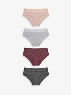 Gris chiné/rose/prune - Lot de 4 culottes en coton et dentelle