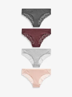 Gris chiné/rose/prune - Lot de 4 culottes en coton et dentelle