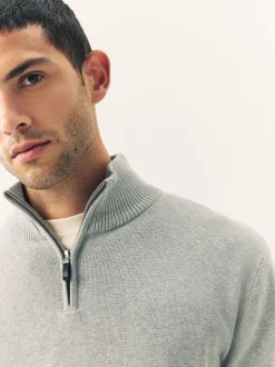 Gris clair - Uni - Pull N.Premium Coupe classique 100% Coton Premium à fermeture éclair