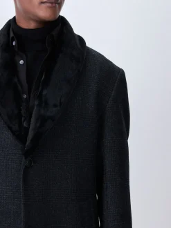 Gris de charbon de bois - Manteau Epsom à carreaux riches en laine avec revers bordé de fourrure