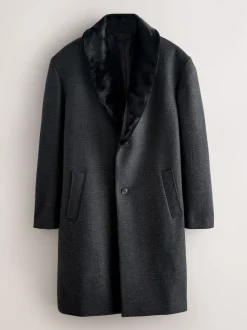 Gris de charbon de bois - Manteau Epsom à carreaux riches en laine avec revers bordé de fourrure