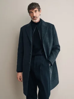 Gris de charbon de bois - Signature Manteau en laine richement rembourré en tissu italien doux au toucher Col cheminée Coat