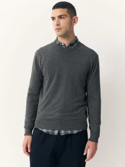 Gris de charbon de bois - Uni - Pull col rond riche en coton coupe classique