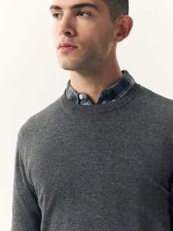 Gris de charbon de bois - Uni - Pull col rond riche en coton coupe classique