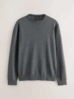 Gris de charbon de bois - Uni - Pull col rond riche en coton coupe classique