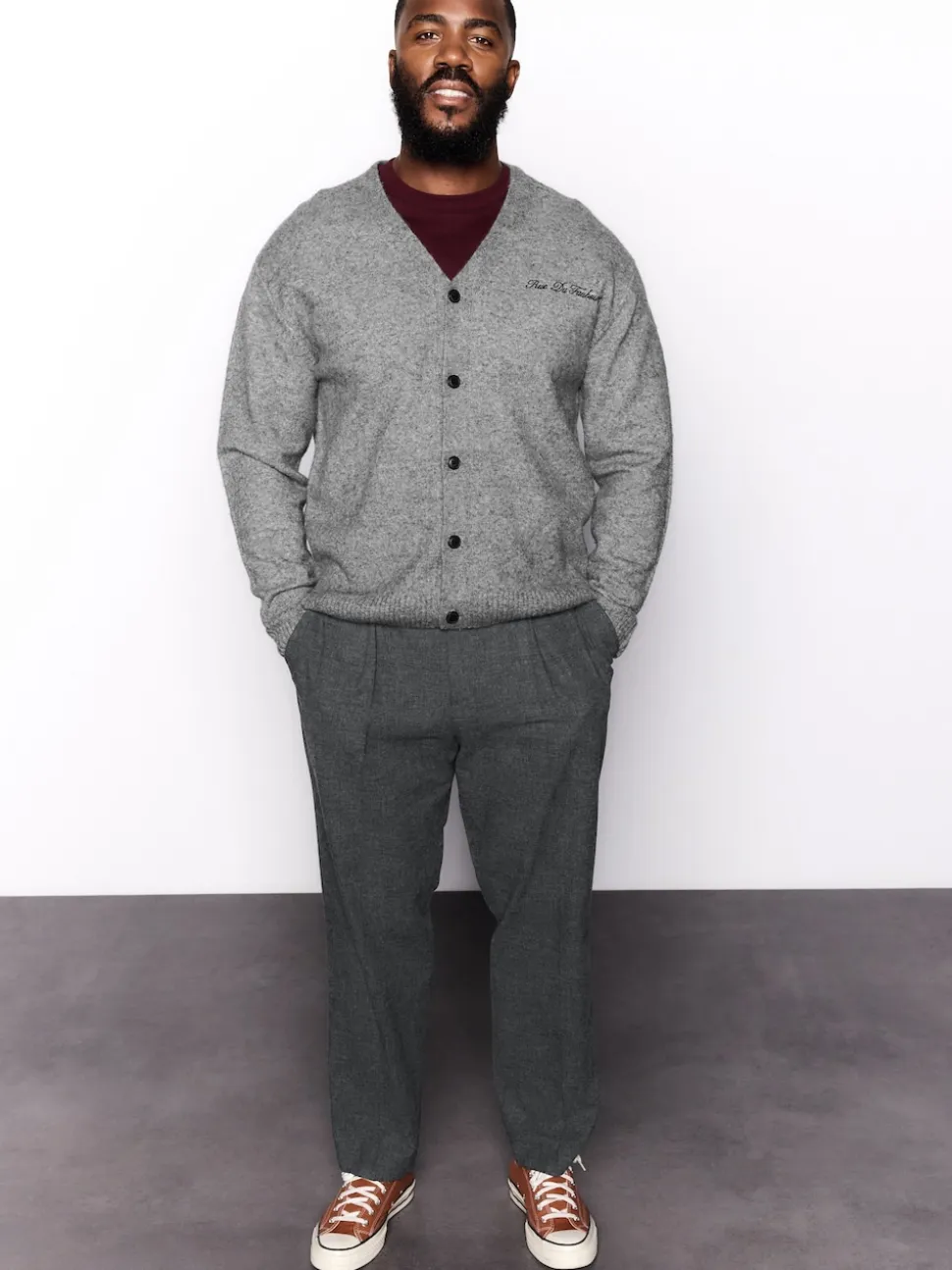 Gris de charbon de bois - Pantalon élégant en coton brossé texturé coupe classique