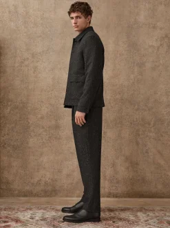 Gris de charbon de bois - Pantalon à chevrons texturé élégant coupe droite avec laine