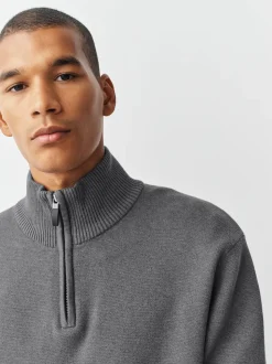 Gris de charbon de bois - Uni - Pull N.Premium Coupe classique 100% Coton Premium à fermeture éclair