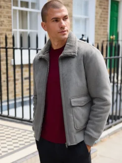 Gris de charbon de bois - Veste imitation daim doublure aspect peau de mouton