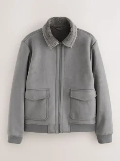 Gris de charbon de bois - Veste imitation daim doublure aspect peau de mouton