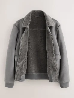 Gris de charbon de bois - Veste imitation daim doublure aspect peau de mouton