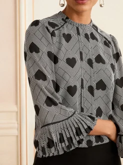 Gris imprimé cœur - Chemisier Love & Roses plissé à manches flûte à col rond