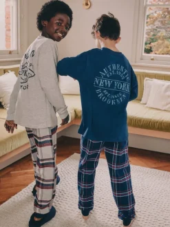 Gris/Bleu - Lot de 2 pyjamas en tissu à carreaux à manches longues (3-16ans)