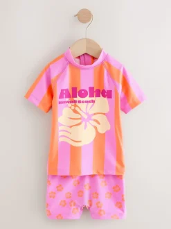 Hibiscus à rayures rose/orange - Ensemble de bain Sunsafe à manches courtes (3mois à10ans)