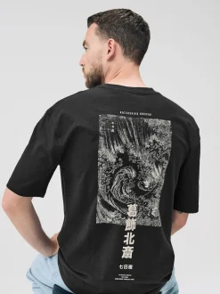 Hokusai noir - Coupe ample - T-shirt avec licence d’artiste