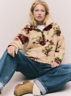 Impression florale rose - Polaire douce en polaire en peau de mouton à col zippé