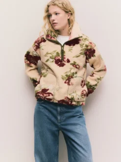 Impression florale rose - Polaire douce en polaire en peau de mouton à col zippé