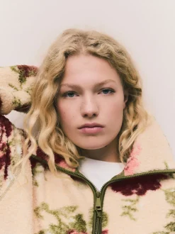 Impression florale rose - Polaire douce en polaire en peau de mouton à col zippé