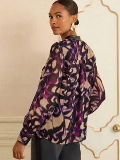 Imprimé animal violet - Chemisier Love & Roses zippé à manches longues sur le devant