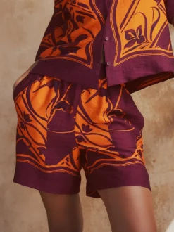 Imprimé bordures exotiques orange/bordeaux - Short de villégiature à taille élastique