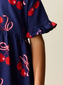 Imprimé cerise bleu marine - Manches courtes Jersey Robe (3-16yrs)