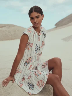 Imprimé coquillages Bleu/Rose - Robe courte à superpositions et col en V en lin