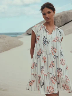 Imprimé coquillages Bleu/Rose - Robe courte à superpositions et col en V en lin