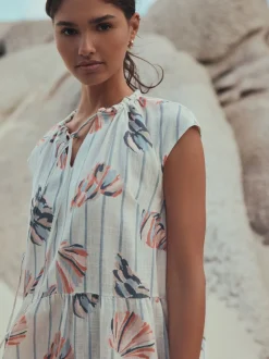 Imprimé coquillages Bleu/Rose - Robe courte à superpositions et col en V en lin