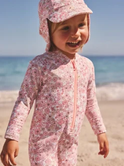 Imprimé Ditsy Fleuri Rose Corail - Chapeau de légionnaire de natation (3mths-10yrs)