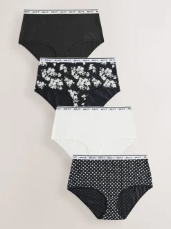 Imprimé floral noir / blanc - Lot de 4 culottes à logo en coton
