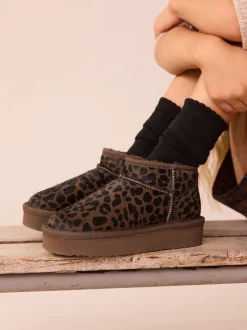 Imprimé léopard marron chocolat - Flatform Mini Bottes Pull-On en daim doublées chaudes et déperlantes