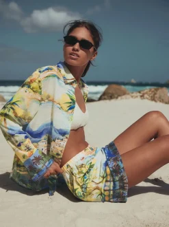 Imprimé scénique multicolore - Chemise décontractée à manches longues avec lin