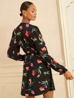 Imprimé tulipes Noir - Love & Roses Robe Courte Col en V