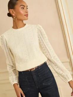 ivoire - Haut Love & Roses en dentelle à manches longues