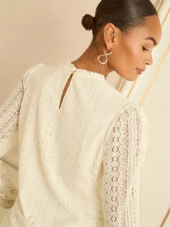 ivoire - Haut Love & Roses en dentelle à manches longues