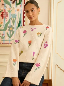 ivoire - Love & Roses pull en maille brodée