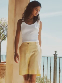 Jaune citron - Shorts de genou de mélange de lin