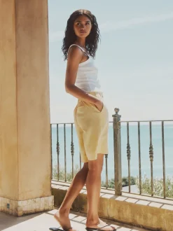 Jaune citron - Shorts de genou de mélange de lin