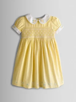 Jaune clair - Robe de fête JoJo Maman Bébé Bud Fleurie Brodé à col smocké